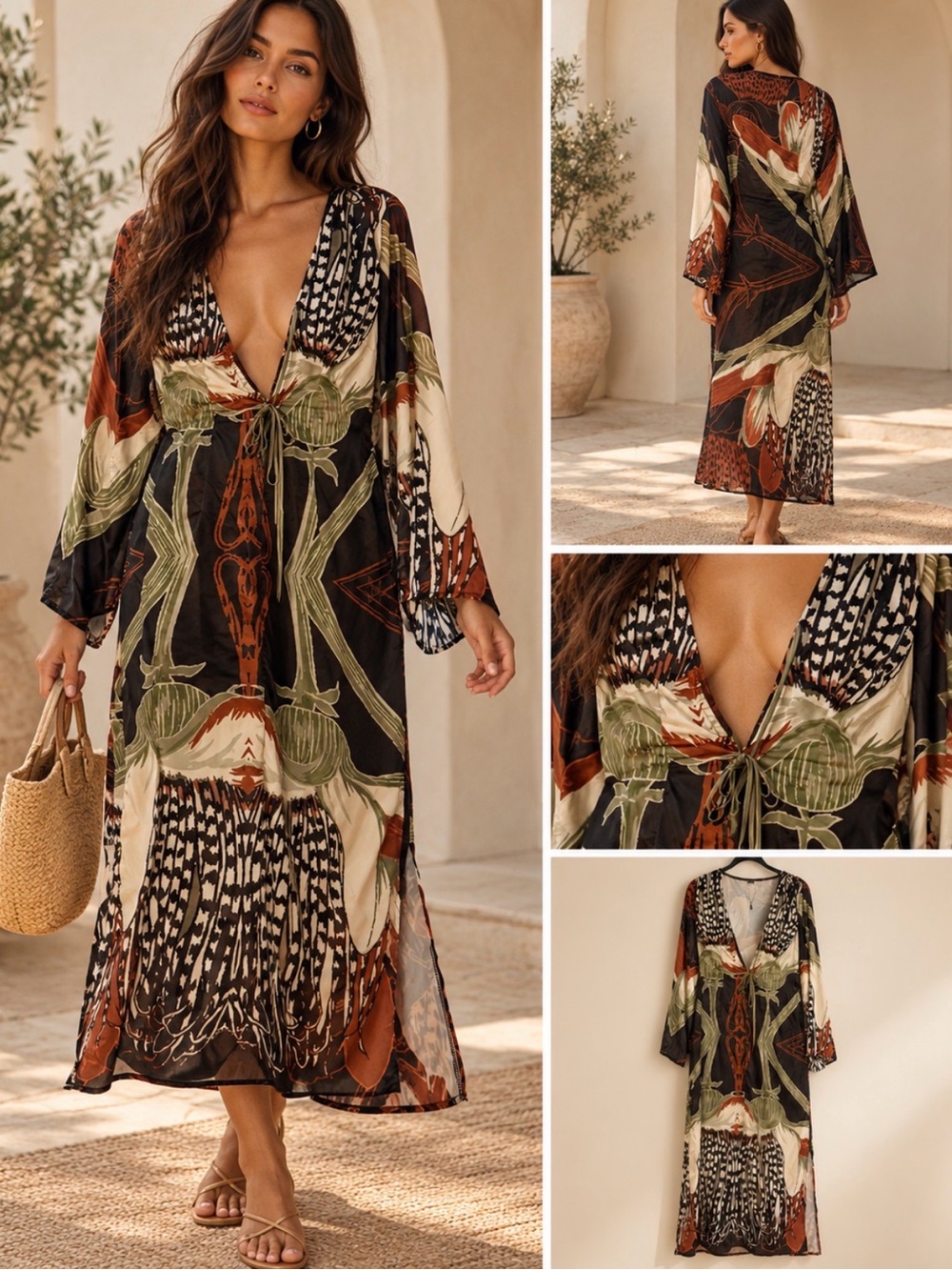 SHEIN X Abstract Botanical Maxi Dress Size L Kimono Sleeve
